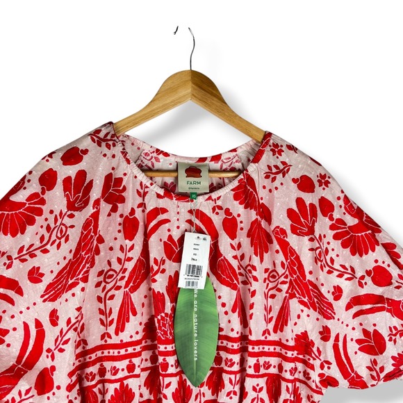 Farm Rio Jungle Flow Organic Cotton Top Womens Size XS Red Beaded Tassels NEW - Picture 10 of 13